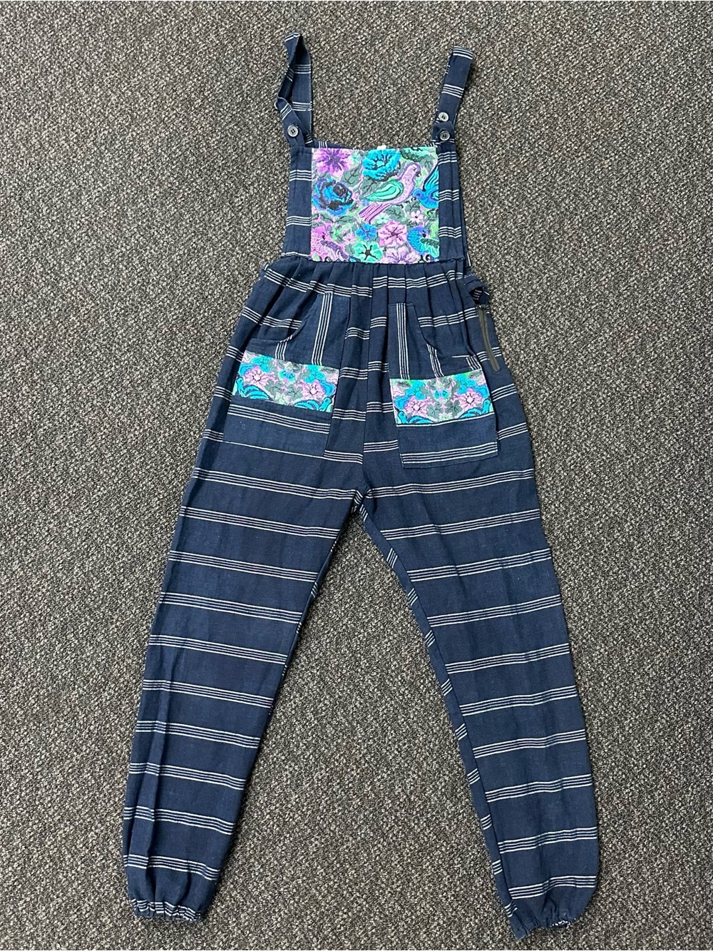 Women’s Handmade Blue Striped Guatamalan Overall Jumpsuit embroidered Floral Bib
